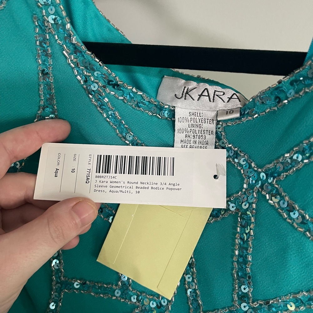NWT J Kara Teal Long Sleeve Beaded Dress - Picture 2 of 5